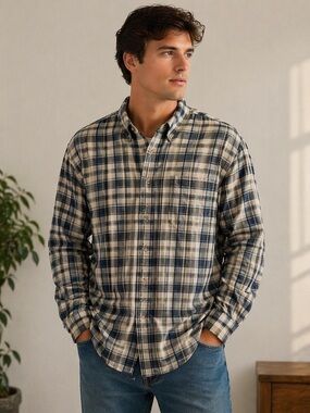 Vintage 80s American Eagle Beige Blue Check Button Down Shirt | XL